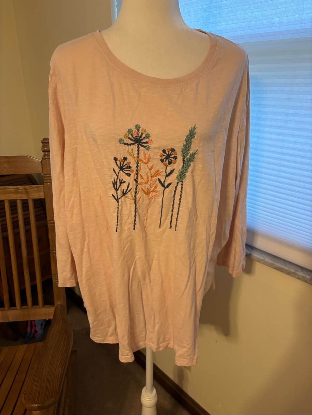 Coldwater Creek Peach Embroidered Floral Long Sleeve Tee